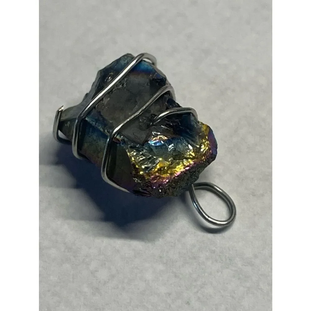 Handmade Small Rainbow Titanium Aura Stone Pendant Wrapped in Silver Wire